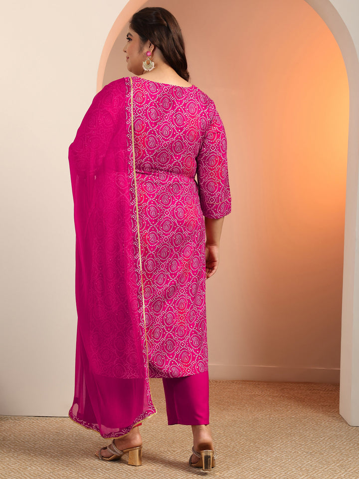 Plus Size Pink Printed Viscose Straight Suit Set With Dupatta