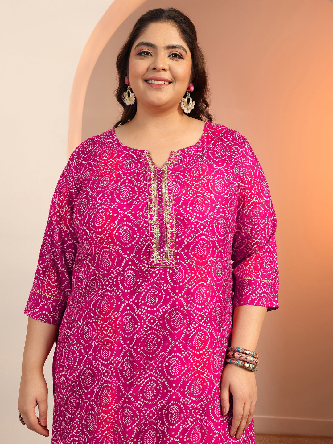 Plus Size Pink Printed Viscose Straight Suit Set With Dupatta