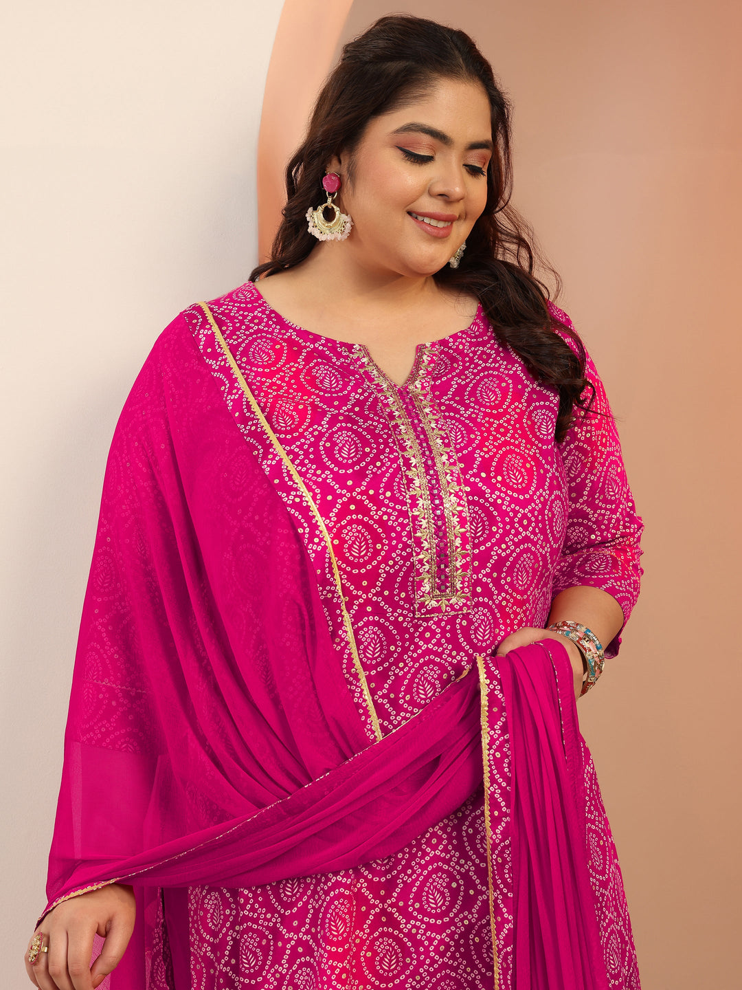 Plus Size Pink Printed Viscose Straight Suit Set With Dupatta