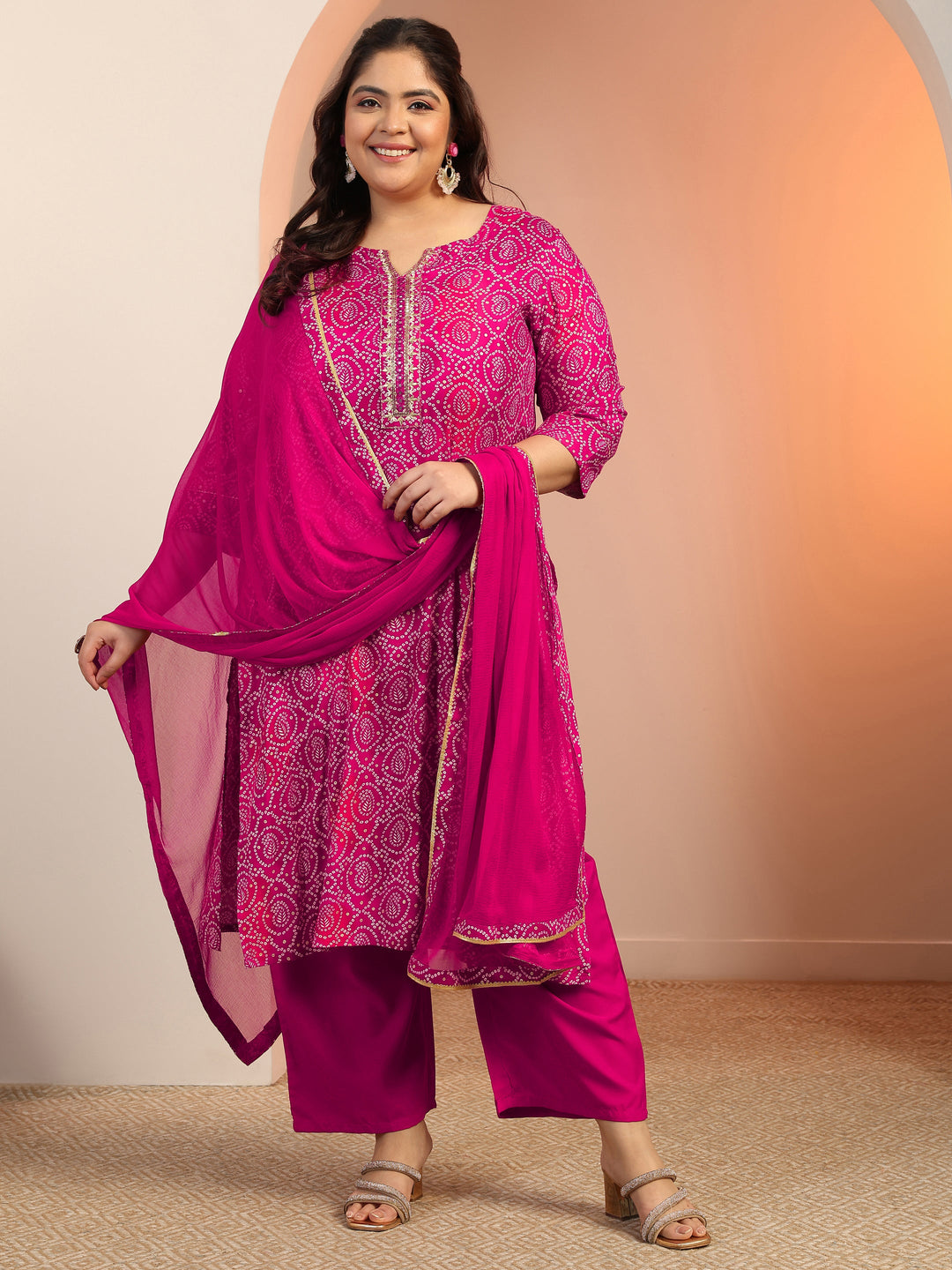 Plus Size Pink Printed Viscose Straight Suit Set With Dupatta