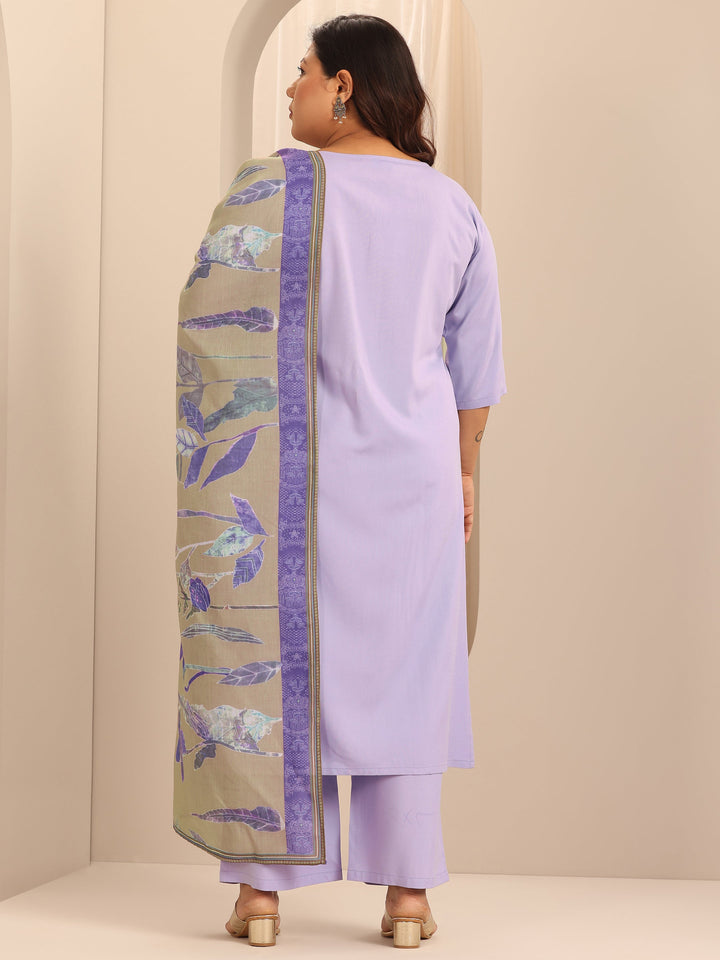 Plus Size Lavender Solid Viscose Rayon Straight Suit Set With Dupatta