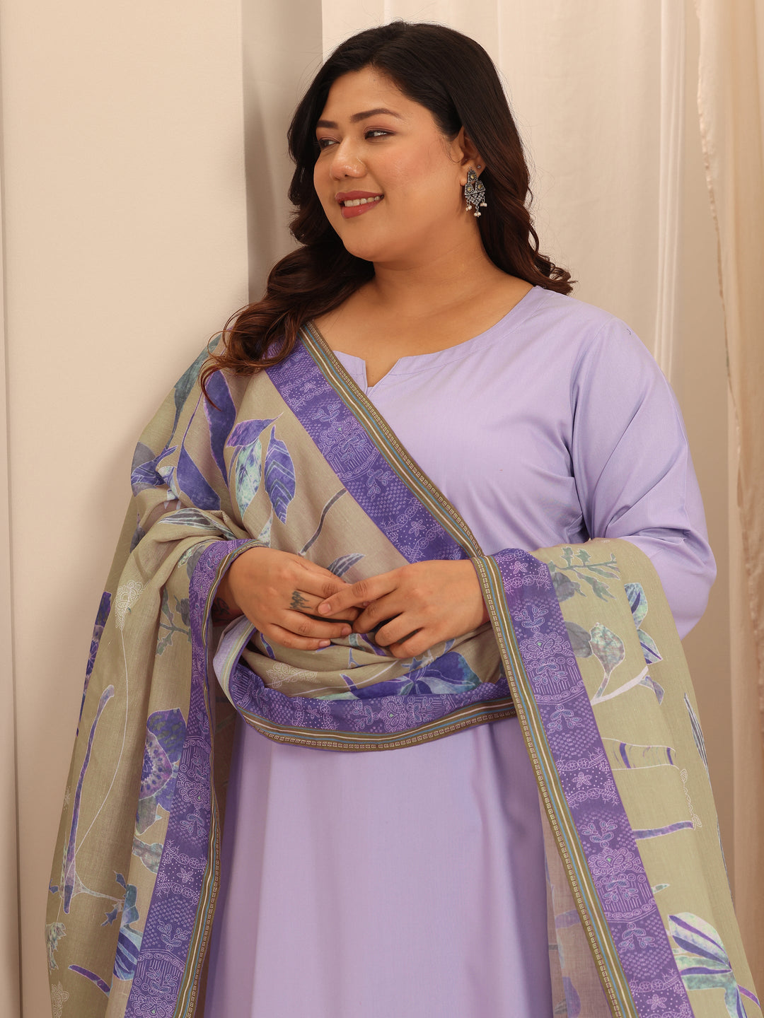 Plus Size Lavender Solid Viscose Rayon Straight Suit Set With Dupatta
