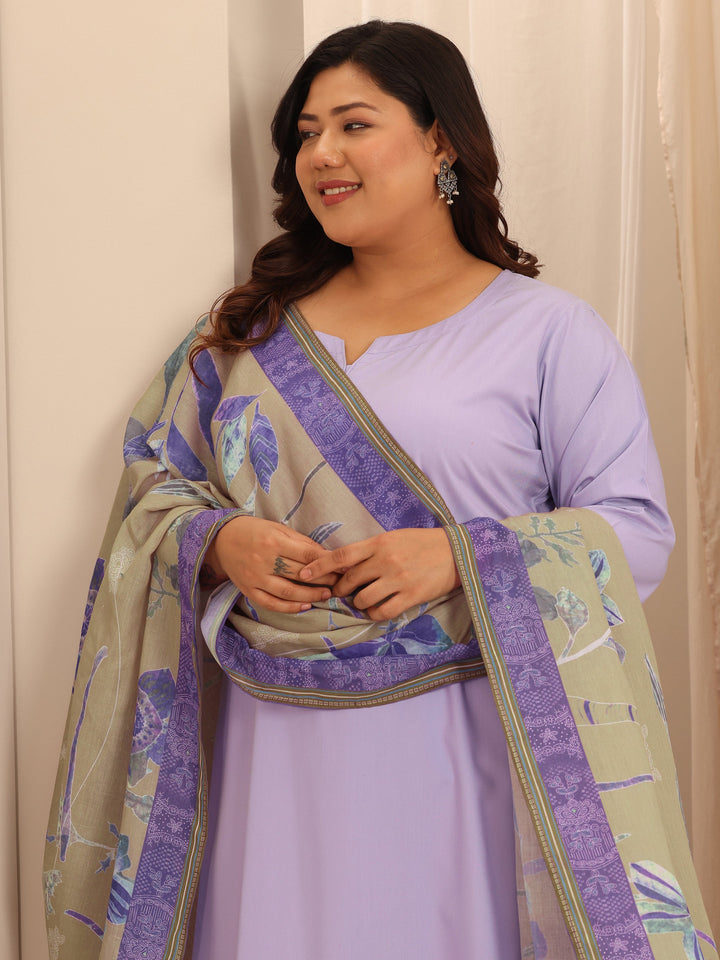 Plus Size Lavender Solid Viscose Rayon Straight Suit Set With Dupatta