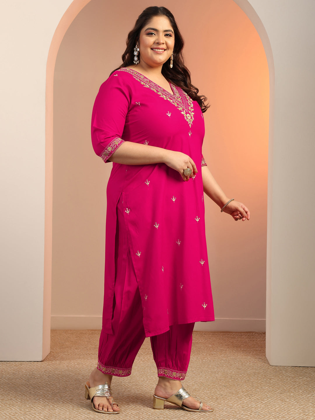 Plus Size Pink Embroidered Viscose Straight Suit Set With Dupatta