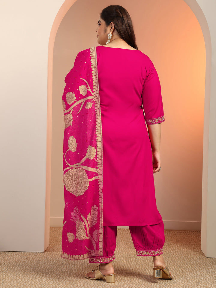 Plus Size Pink Embroidered Viscose Straight Suit Set With Dupatta