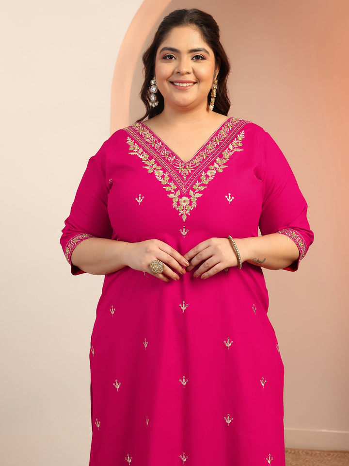 Plus Size Pink Embroidered Viscose Straight Suit Set With Dupatta