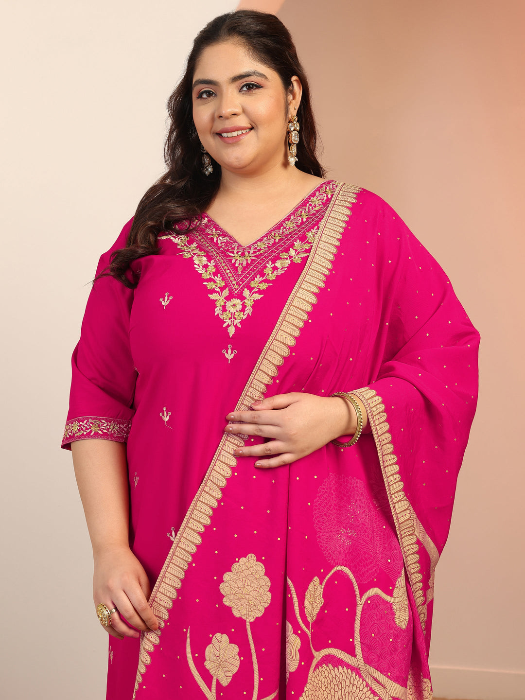 Plus Size Pink Embroidered Viscose Straight Suit Set With Dupatta
