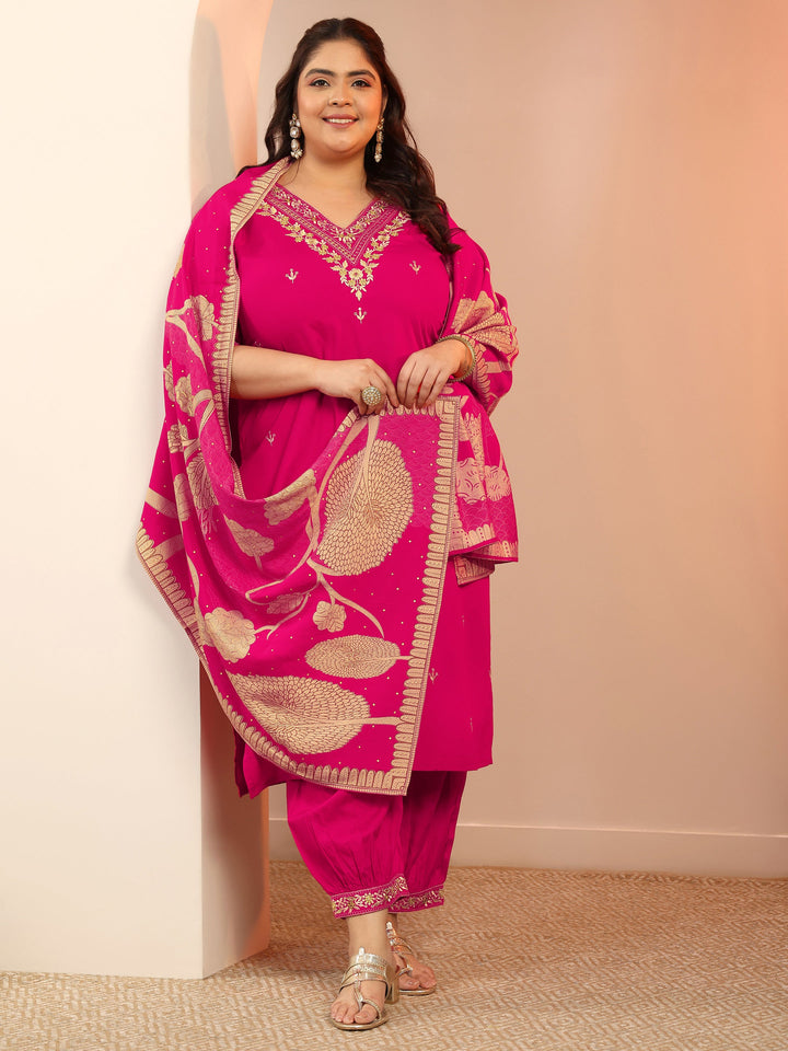 Plus Size Pink Embroidered Viscose Straight Suit Set With Dupatta