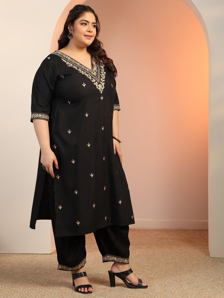 Plus Size Black Embroidered Viscose Straight Suit Set With Dupatta