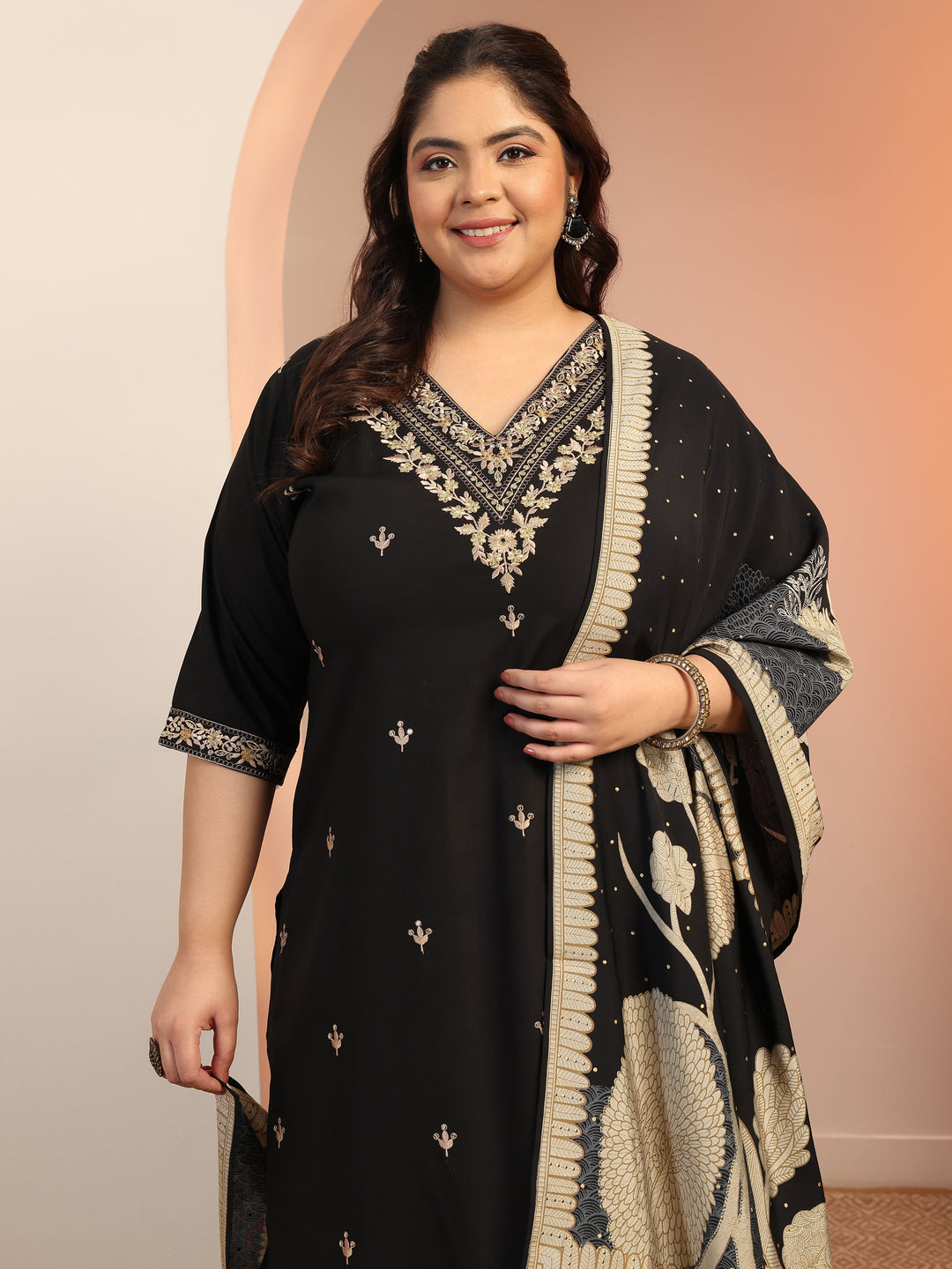 Plus Size Black Embroidered Viscose Straight Suit Set With Dupatta