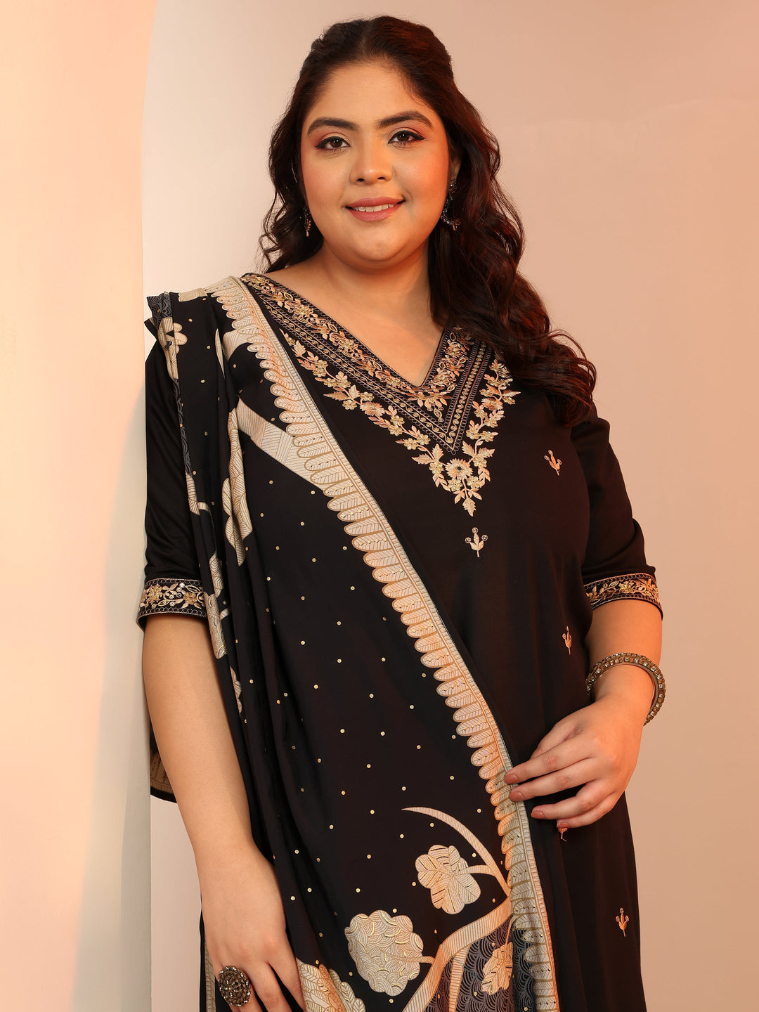 Plus Size Black Embroidered Viscose Straight Suit Set With Dupatta