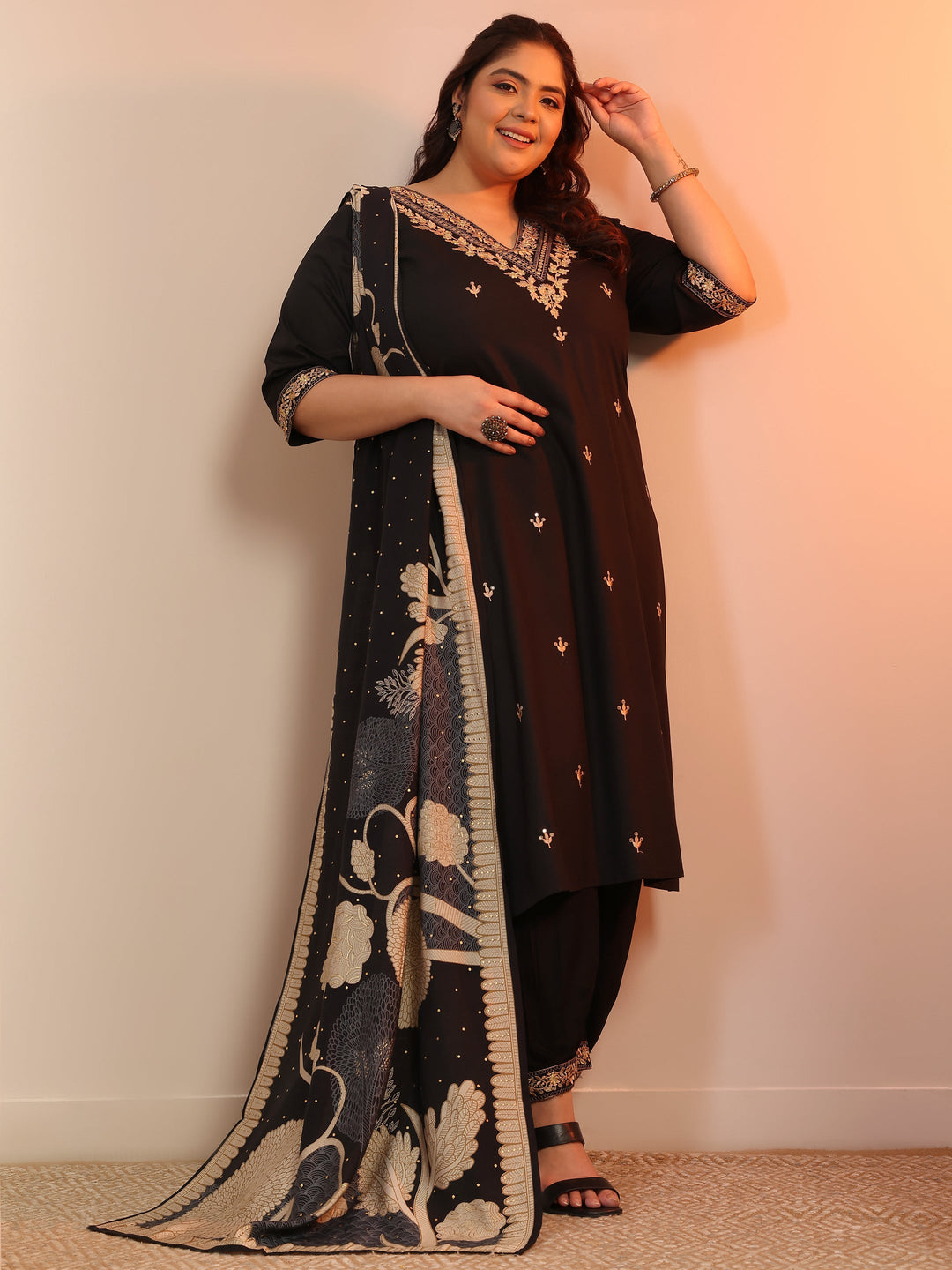 Plus Size Black Embroidered Viscose Straight Suit Set With Dupatta