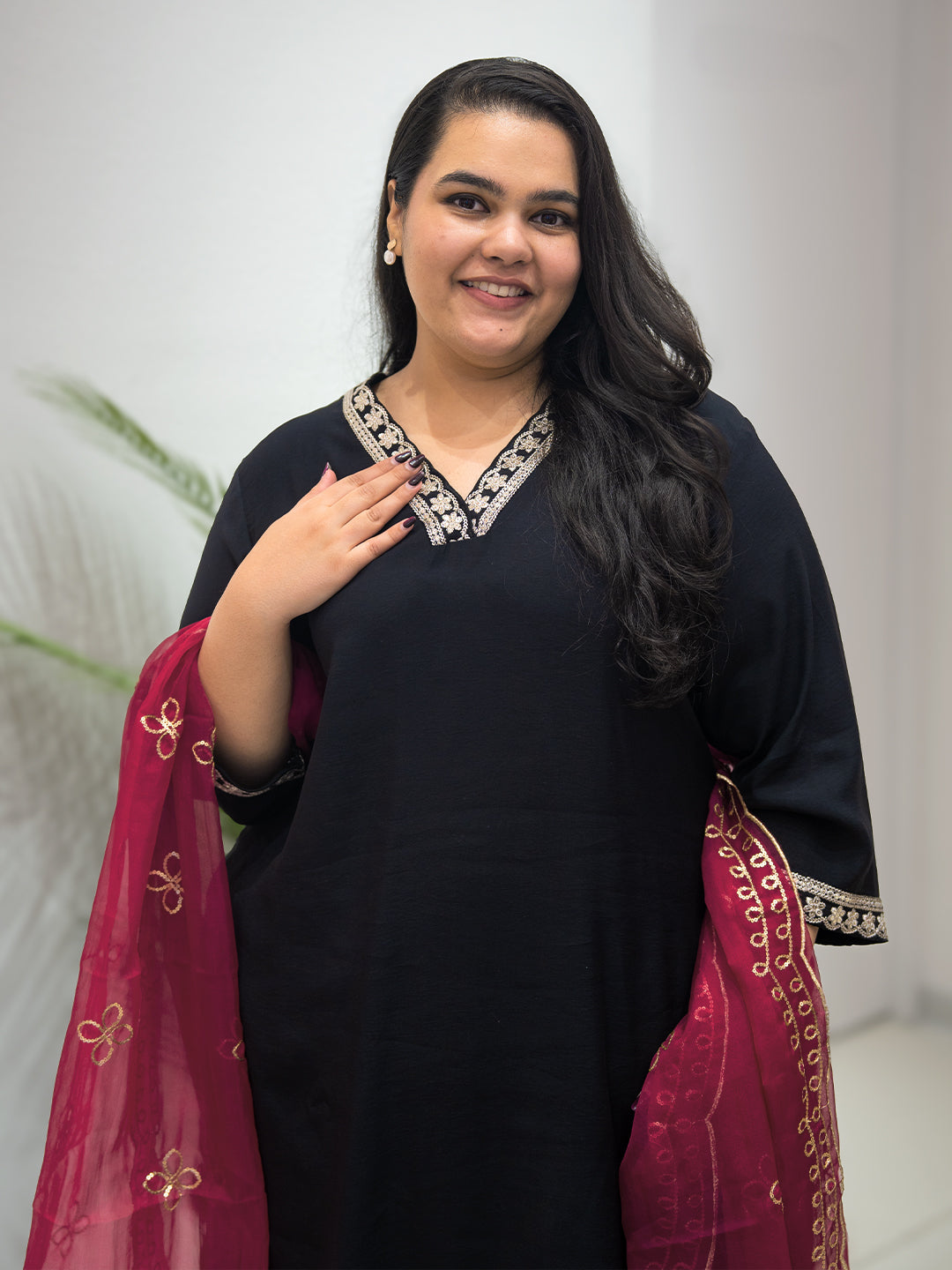 Plus Size Black Solid Silk blend Straight Suit Set With Dupatta