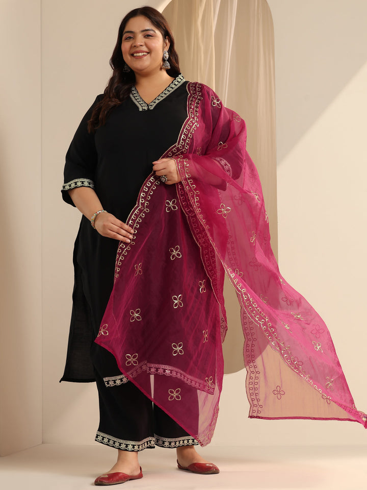 Plus Size Black Solid Silk blend Straight Suit Set With Dupatta