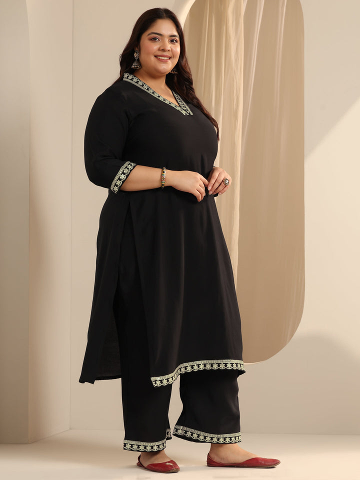 Plus Size Black Solid Silk blend Straight Suit Set With Dupatta