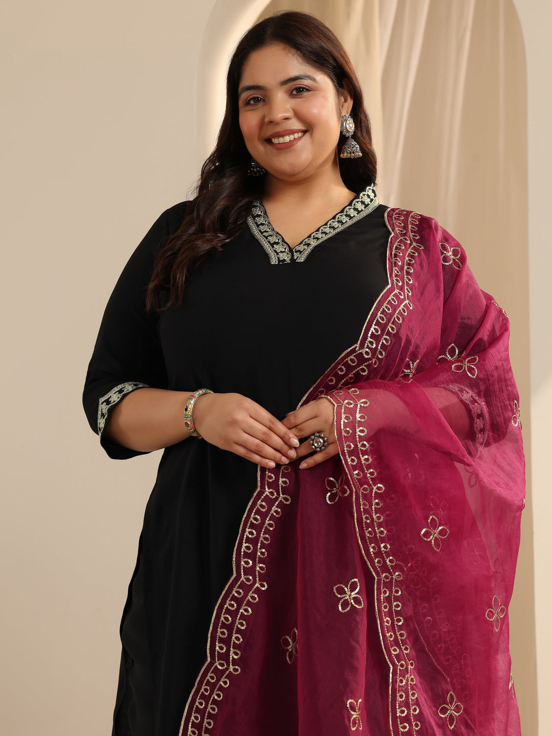 Plus Size Black Solid Silk blend Straight Suit Set With Dupatta