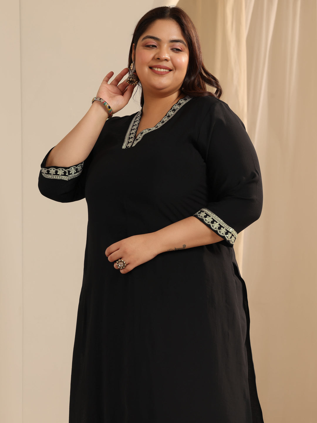 Plus Size Black Solid Silk blend Straight Suit Set With Dupatta