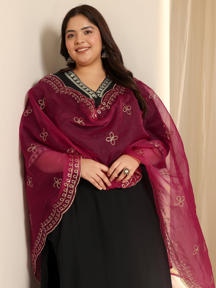 Plus Size Black Solid Silk blend Straight Suit Set With Dupatta