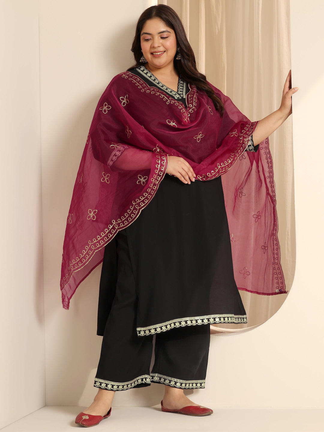 Plus Size Black Solid Silk blend Straight Suit Set With Dupatta