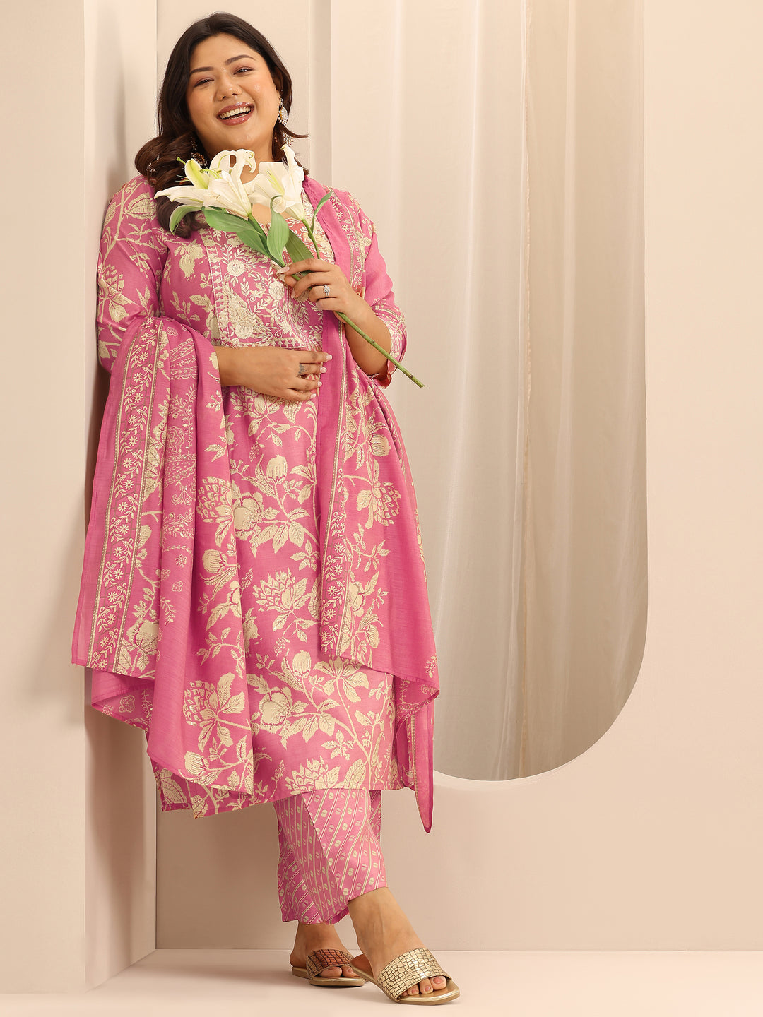 Plus Size Pink Printed Silk Blend Suit Set With Dupatta