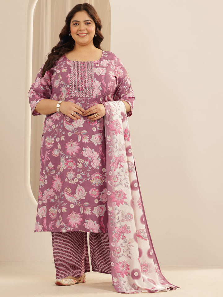 Plus Size Mauve Printed Silk blend Straight Suit Set With Dupatta
