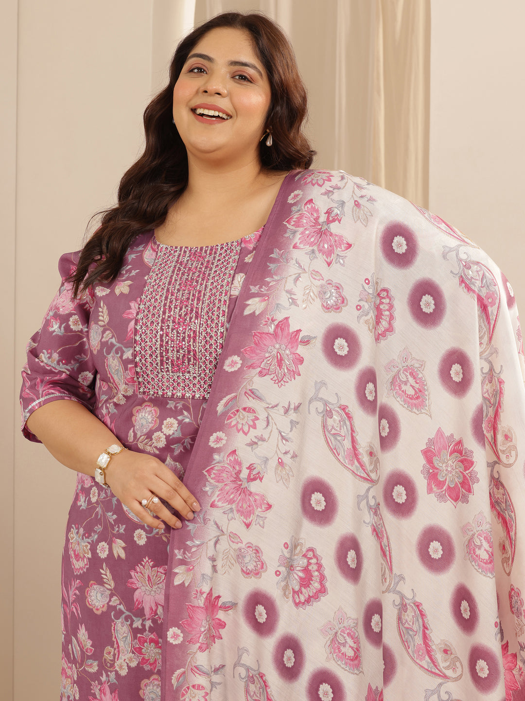 Plus Size Mauve Printed Silk blend Straight Suit Set With Dupatta