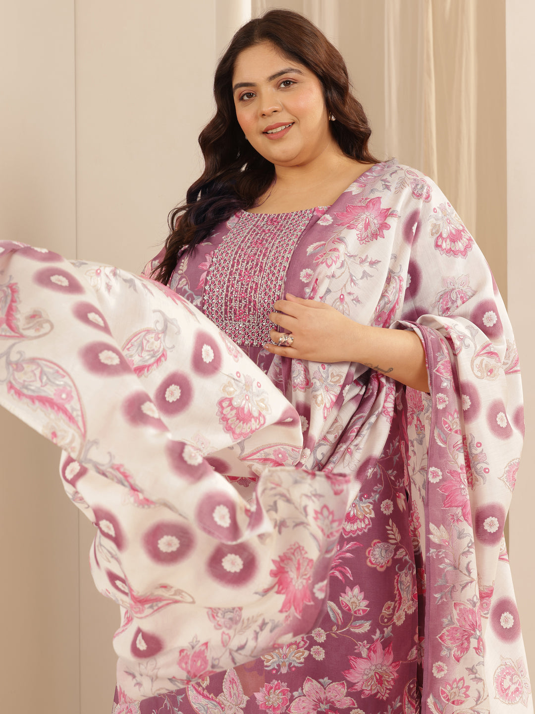 Plus Size Mauve Printed Silk blend Straight Suit Set With Dupatta
