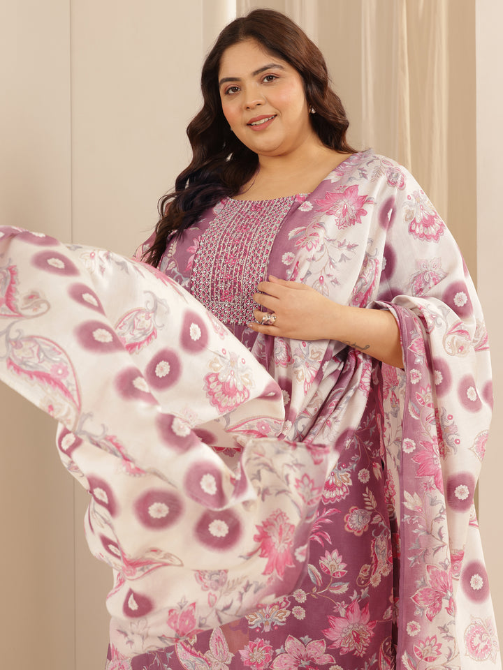 Plus Size Mauve Printed Silk blend Straight Suit Set With Dupatta