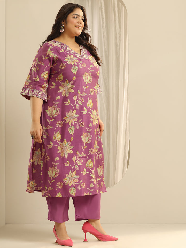 Plus Size Pink Printed Silk blend Straight Suit Set With Dupatta