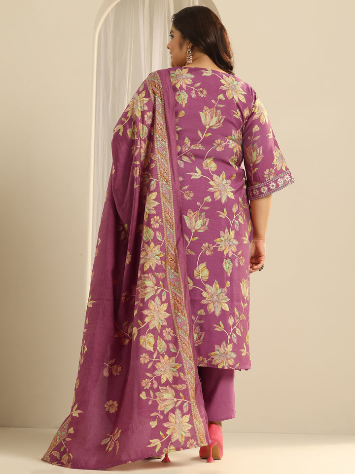Plus Size Pink Printed Silk blend Straight Suit Set With Dupatta