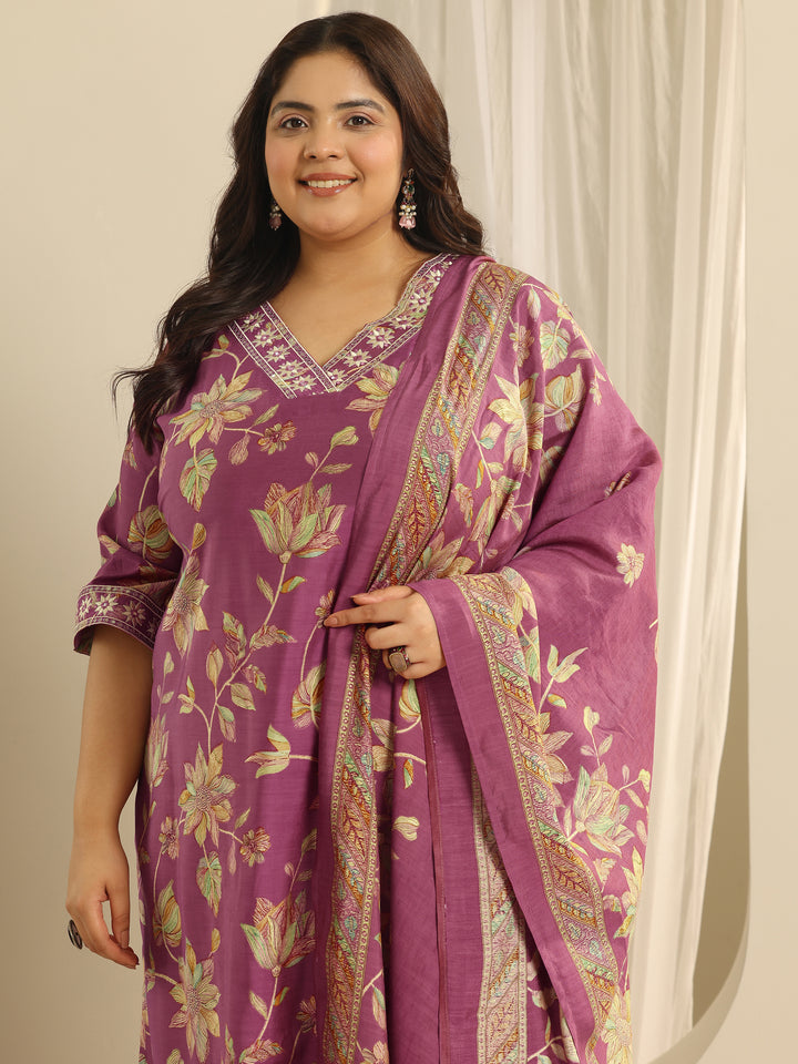 Plus Size Pink Printed Silk blend Straight Suit Set With Dupatta