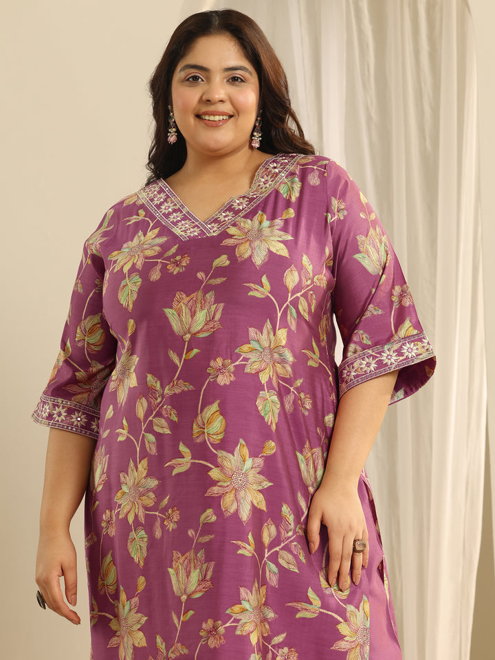 Plus Size Pink Printed Silk blend Straight Suit Set With Dupatta