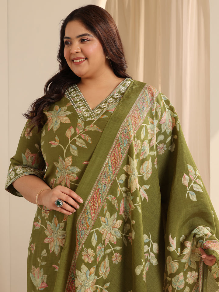 Olive Green Printed Silk blend Straight Suit Set With Dupatta