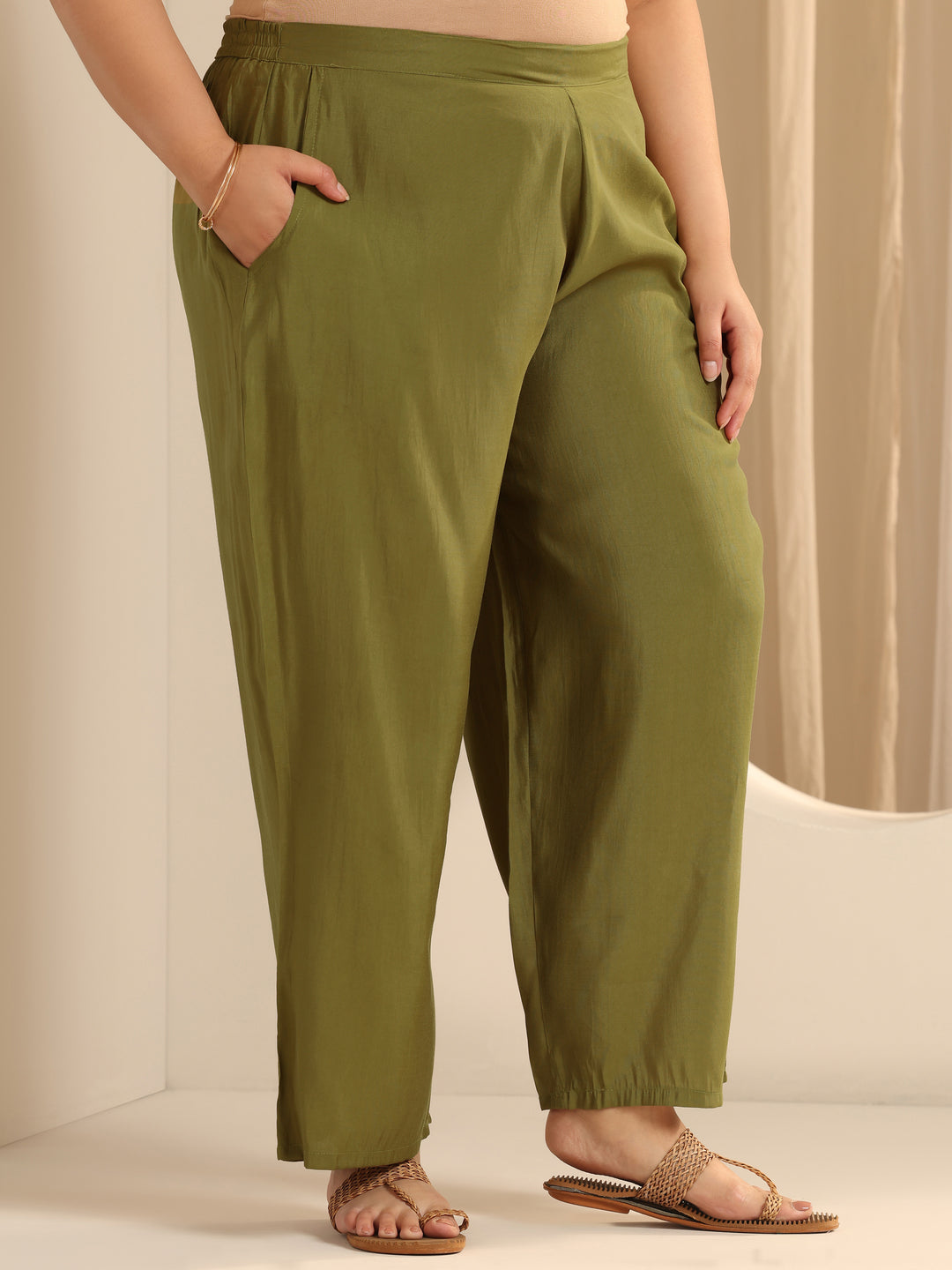 Olive Green Printed Silk blend Straight Suit Set With Dupatta