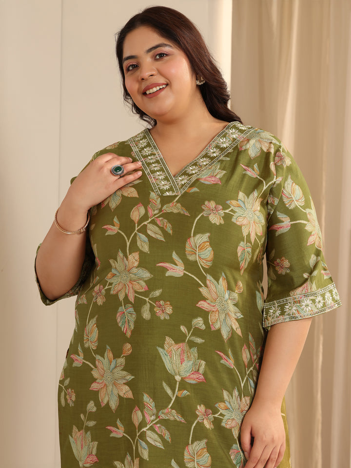 Olive Green Printed Silk blend Straight Suit Set With Dupatta