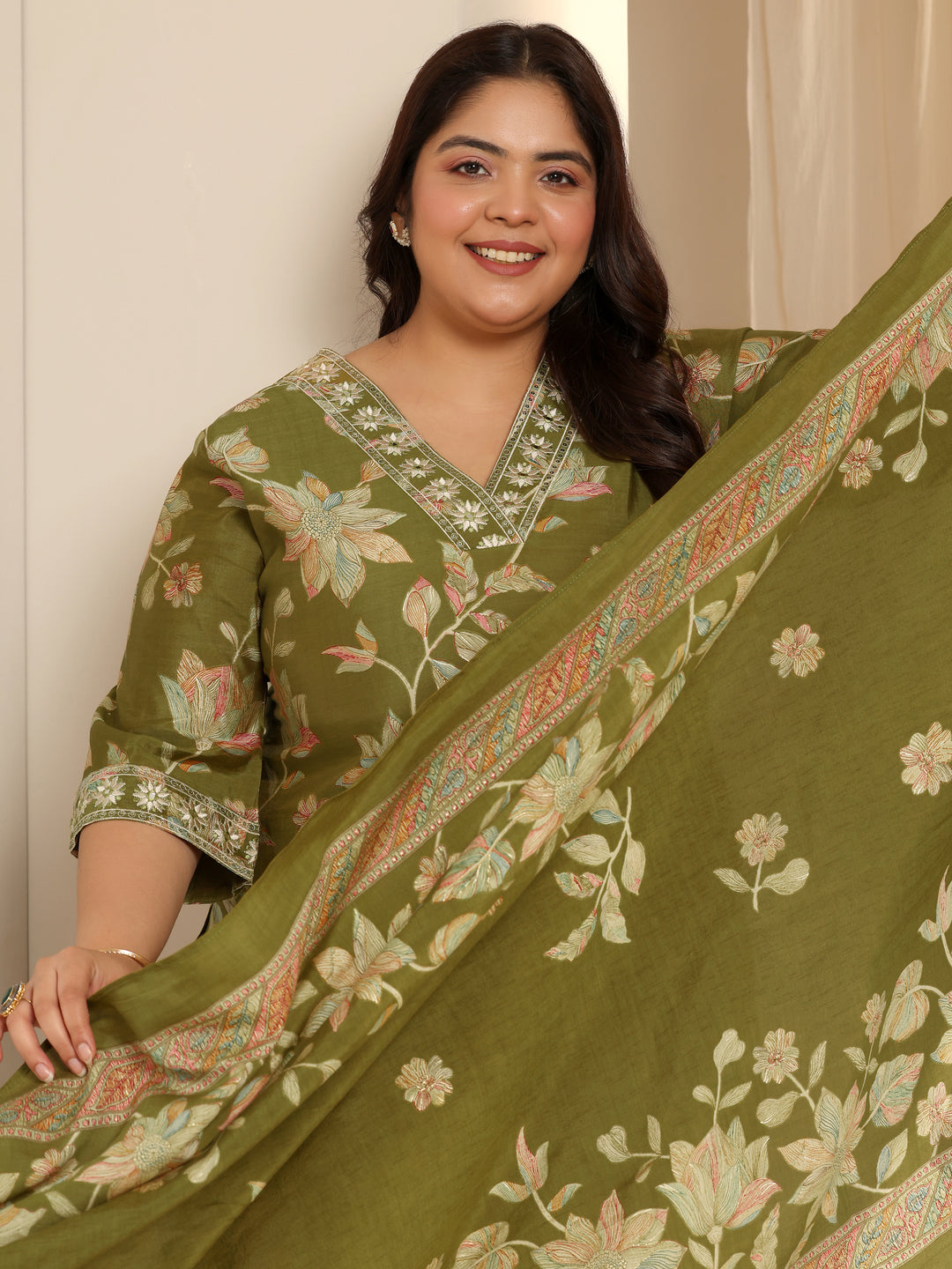 Olive Green Printed Silk blend Straight Suit Set With Dupatta