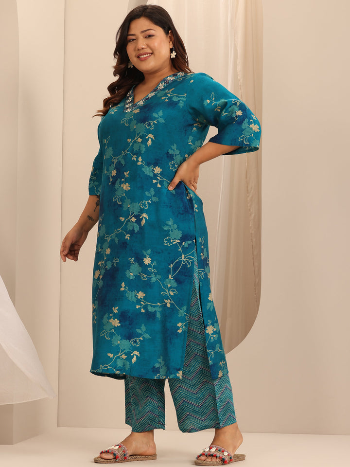 Plus Size Blue Printed Silk Blend Straight Suit Set With Dupatta