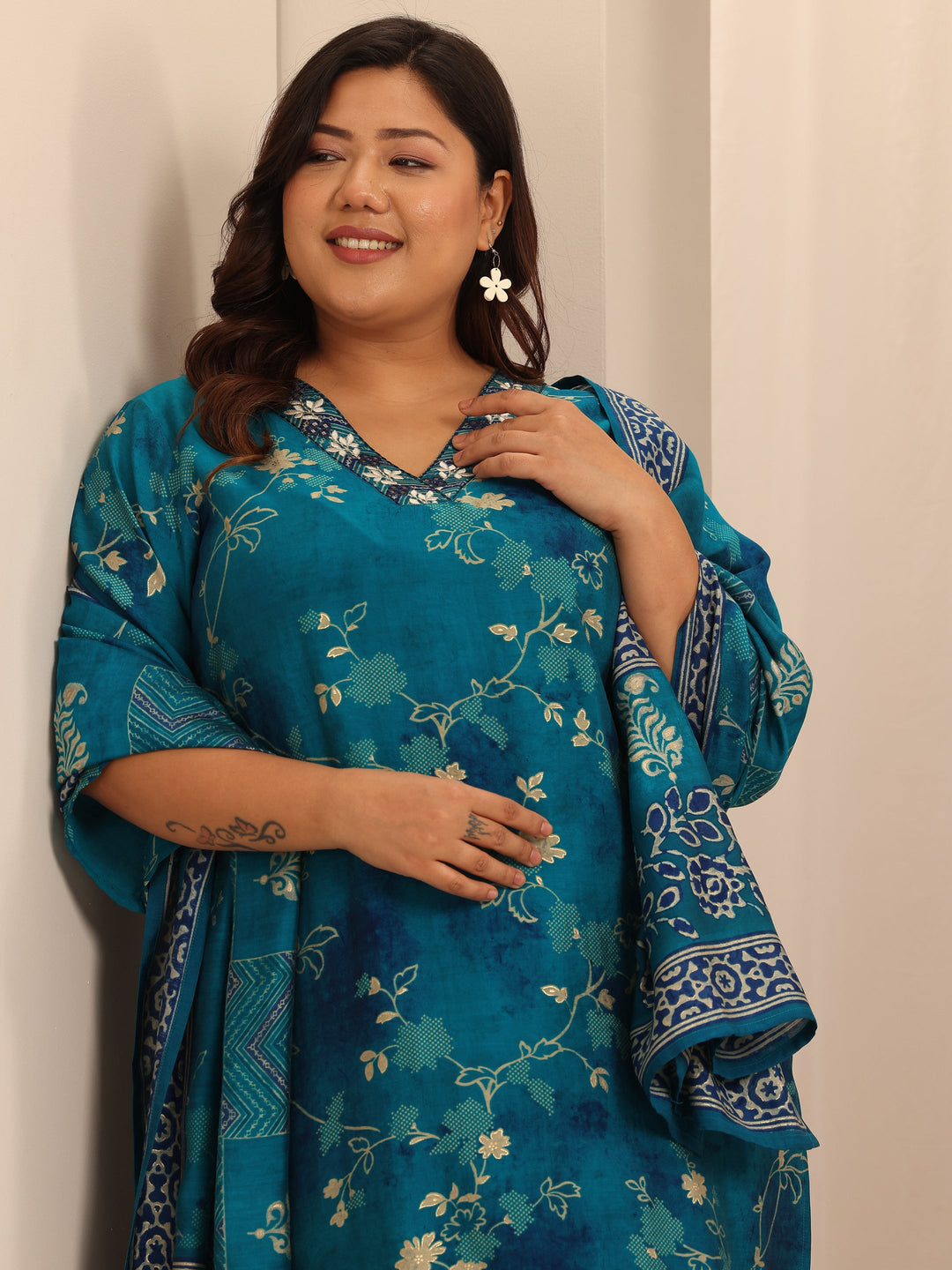 Plus Size Blue Printed Silk Blend Straight Suit Set With Dupatta