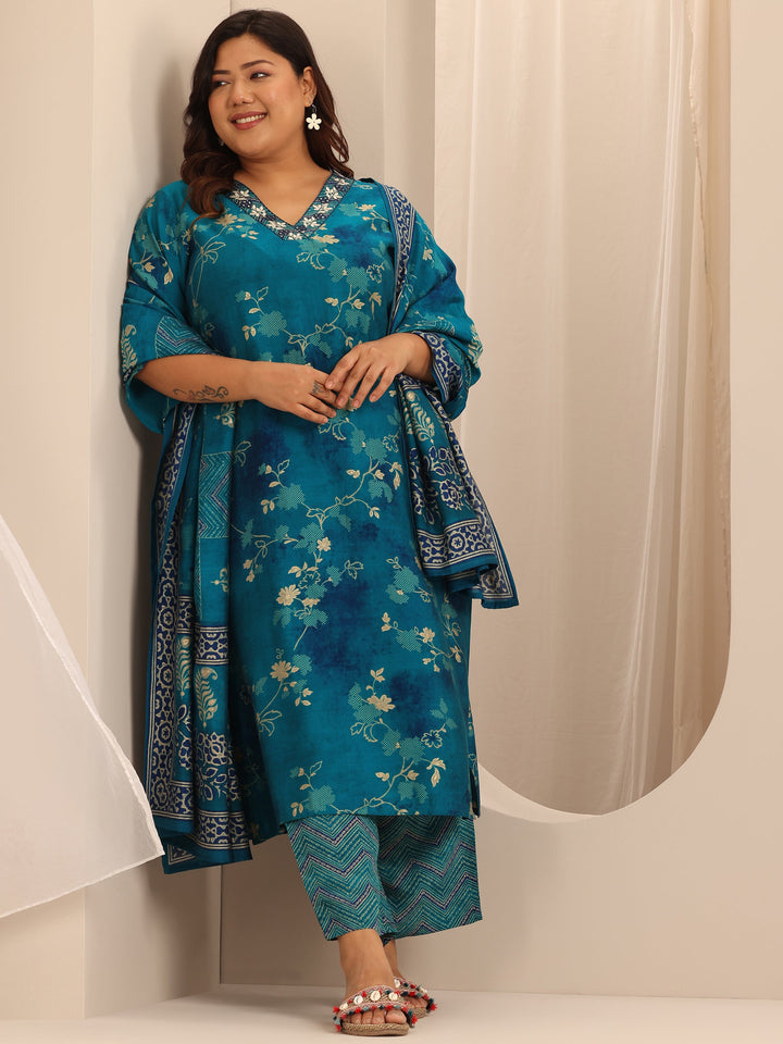 Plus Size Blue Printed Silk Blend Straight Suit Set With Dupatta