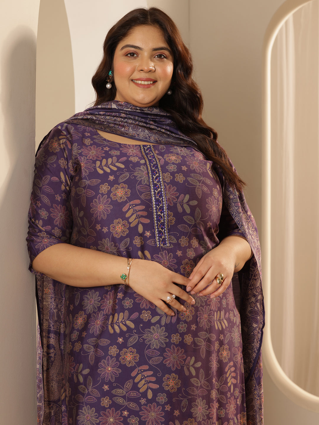 Plus Size Purple Printed Silk blend Straight Suit Set With Dupatta
