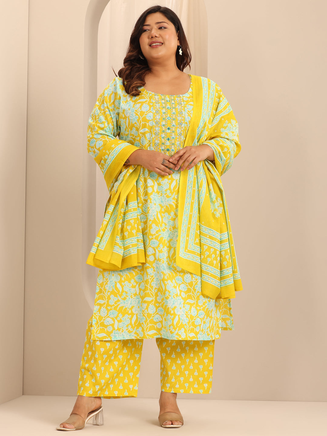 Plus Size Yellow Printed Cotton Straight Suit Set With Dupatta