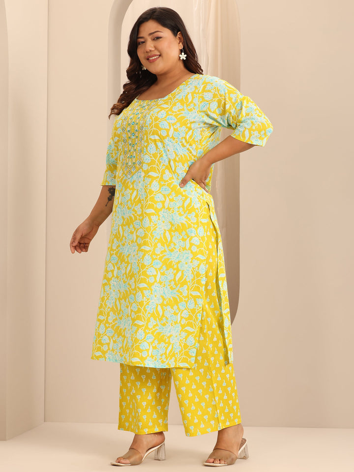 Plus Size Yellow Printed Cotton Straight Suit Set With Dupatta