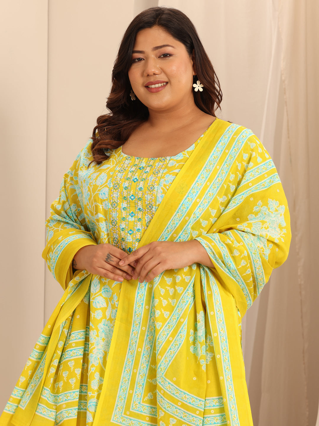 Plus Size Yellow Printed Cotton Straight Suit Set With Dupatta