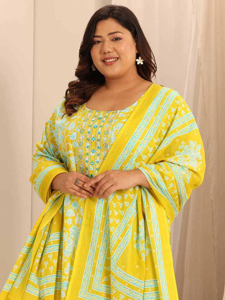 Plus Size Yellow Printed Cotton Straight Suit Set With Dupatta
