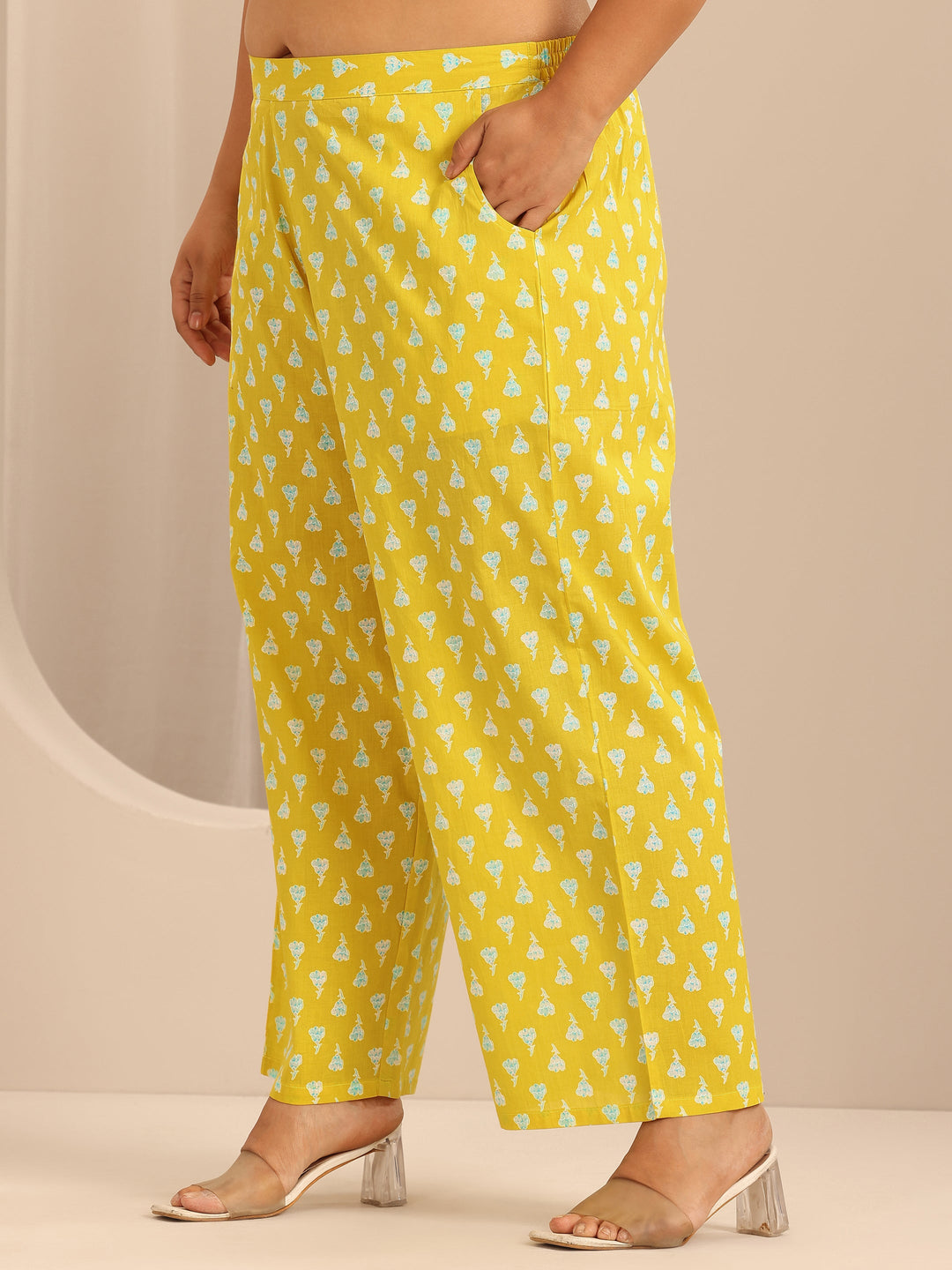 Plus Size Yellow Printed Cotton Straight Suit Set With Dupatta