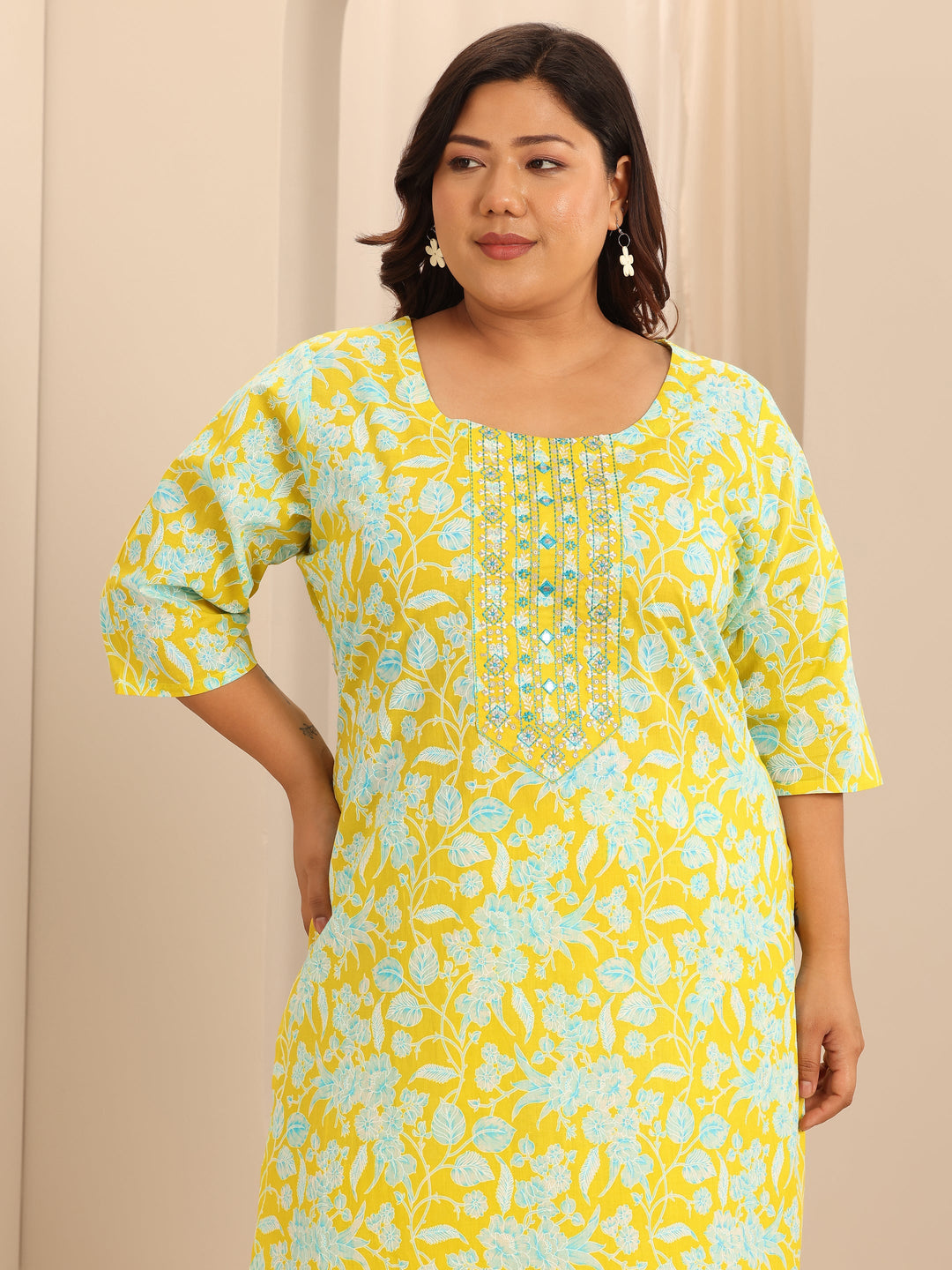 Plus Size Yellow Printed Cotton Straight Suit Set With Dupatta