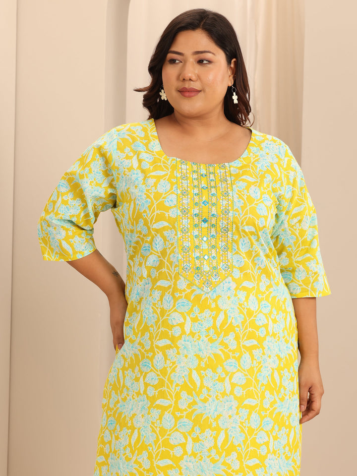 Plus Size Yellow Printed Cotton Straight Suit Set With Dupatta