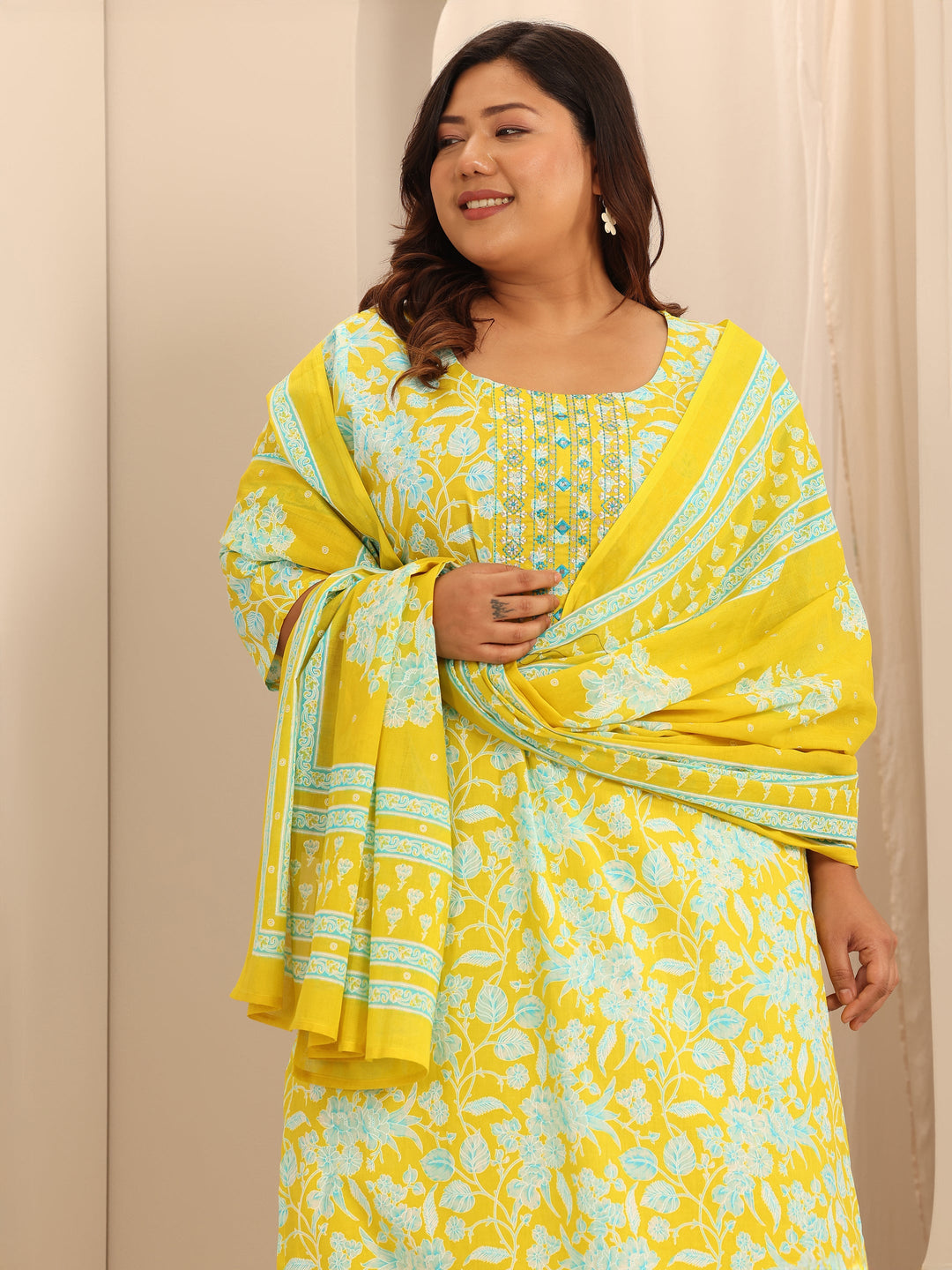 Plus Size Yellow Printed Cotton Straight Suit Set With Dupatta