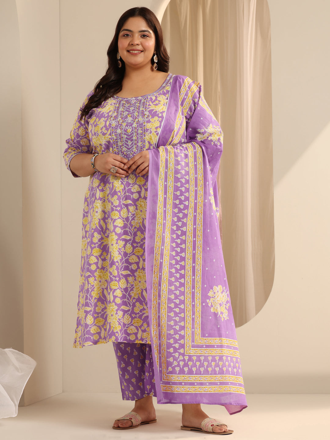 Lavender Printed Cotton Straight Suit Set With Dupatta