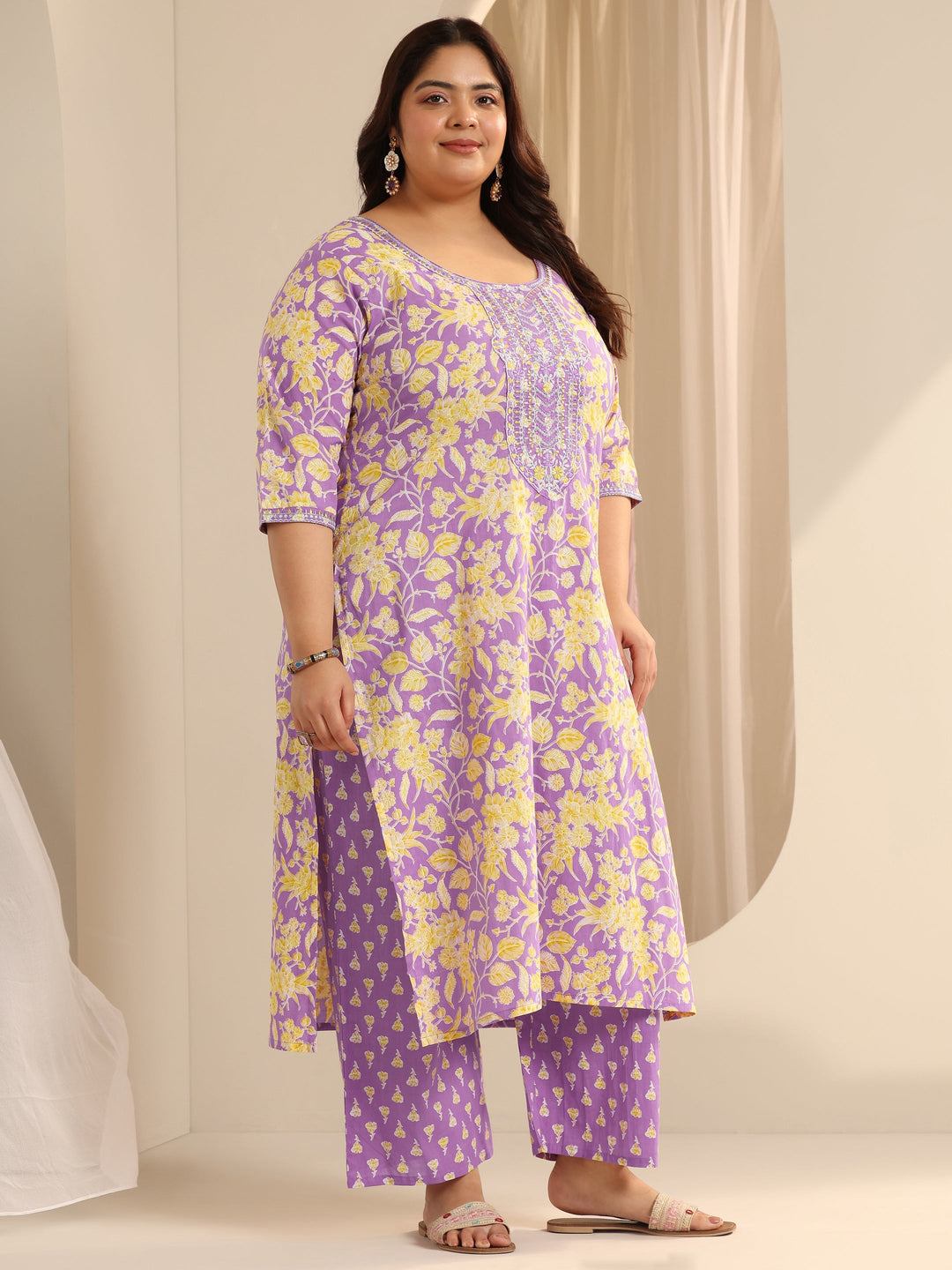 Lavender Printed Cotton Straight Suit Set With Dupatta